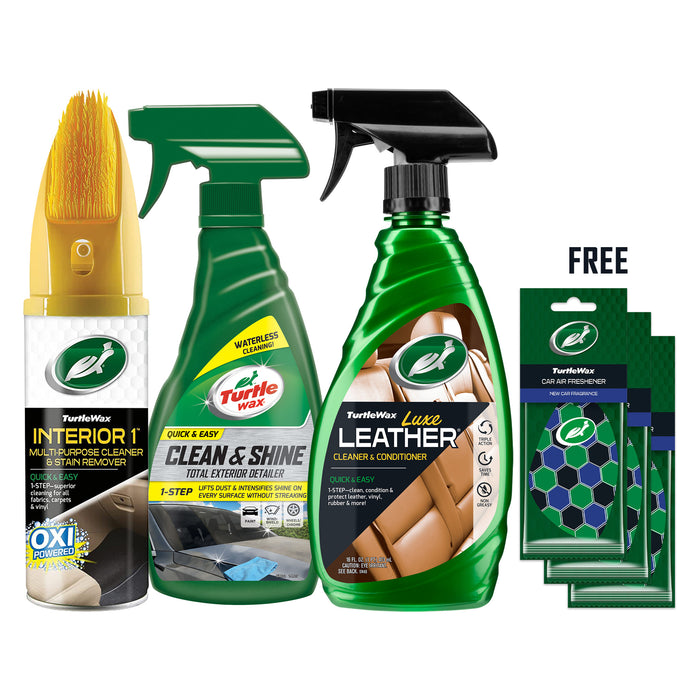 COMPLETE CAR CARE BUNDLE: INTERIOR 1 CLEANER, EXTERIOR DETAILER, & LEATHER CONDITIONER - FREE AIR FRESHENER - Turtle Wax PK