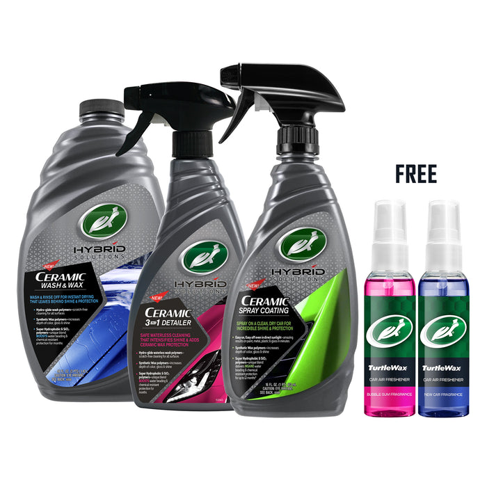 HYBRID SOLUTIONS CERAMIC CAR CARE KIT: WASH & WAX, SPRAY COATING, AND 3-IN-1 DETAILER - FREE AIR FRESHENER - Turtle Wax PK