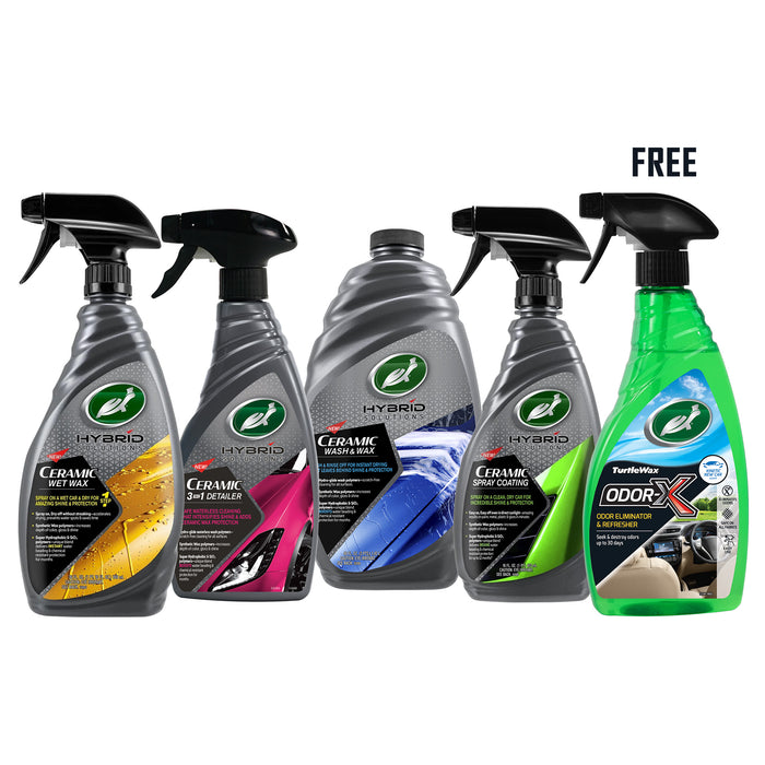 HYBRID SOLUTIONS ULTIMATE CAR CARE KIT: WASH & WAX, SPRAY COATING, DETAILER, WET WAX, AND FREE ODOR ELIMINATOR - Turtle Wax PK